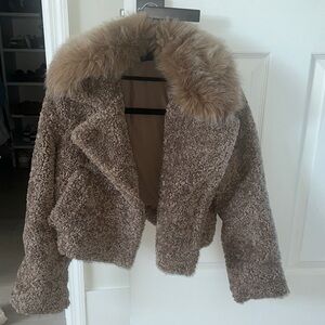 BCBGMaxAzria Tan Teddy Jacket with Faux Fur Collar